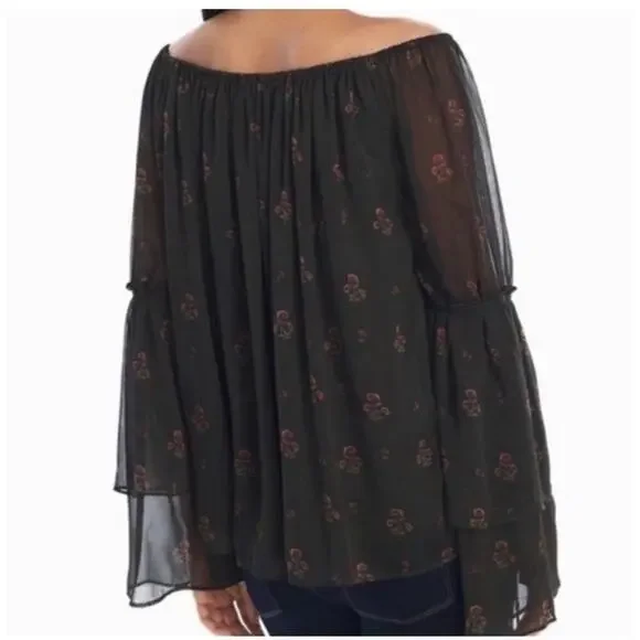 WHBM Whimsigoth Top Sheer Floral Bell Sleeve Peasant Boho Fairy Goth Vamp Green - Picture 3 of 11